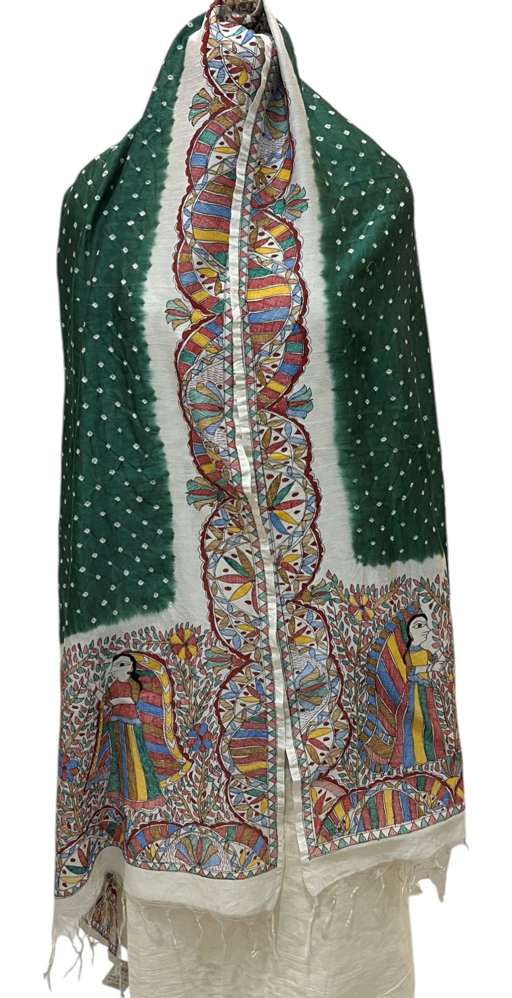 Hand-Painted Madhubani Bandhani Dupatta in Green